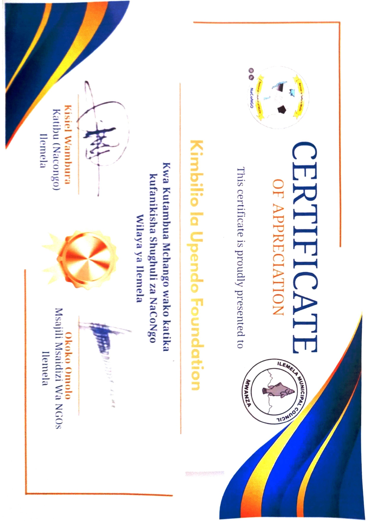 NACONGO Ilemela Appreciation Certificate